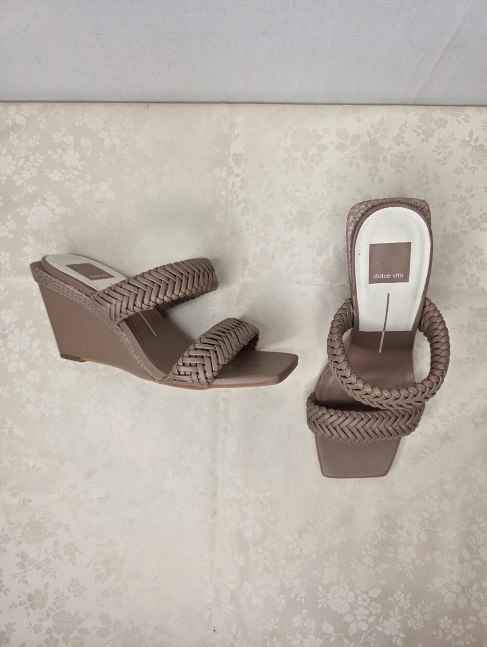 Dolce Vita Braided Two-Strap Wedge Sandals Taupe Neutral Square Toe Size 7